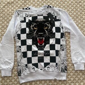 Left Point Rhinestone Panther Sweatshirt Black White Checker Luxury Size M NWT